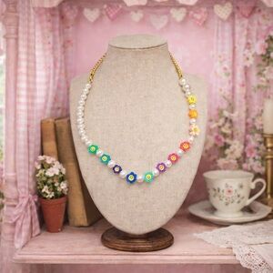 🌈 Smiley Face, Flower, Pastel, Rainbow, Faux Pearl, Necklace